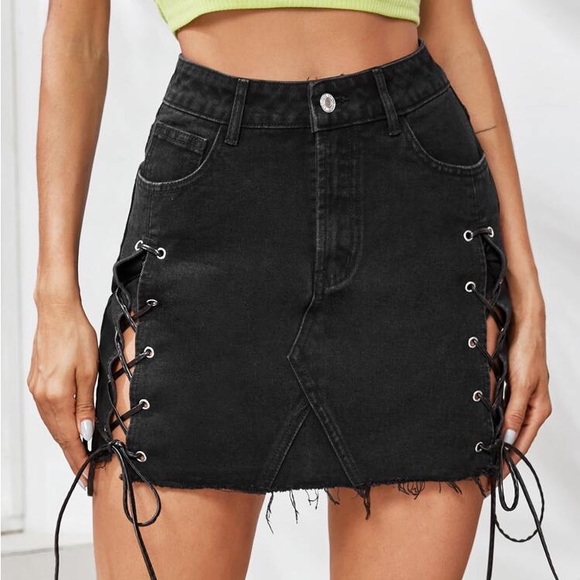 Lace Up Black Denim Skirt, S= US 4 - Picture 1 of 14